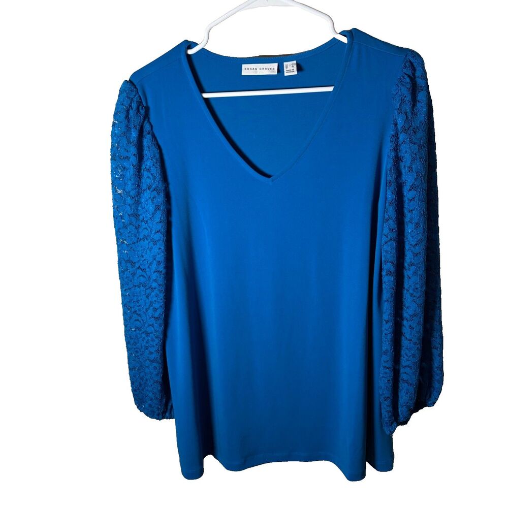 Susan Graver Blouse Women's Medium V-Neck 3/4 Sleeve Lace Career Shirt Top